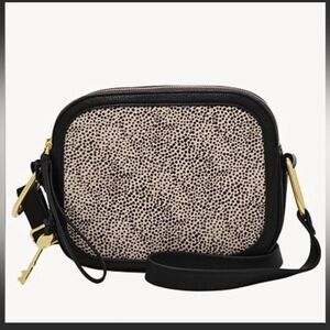 Fossil Elle Crossbody Bag Black with White Cheetah Print Cow Hide
